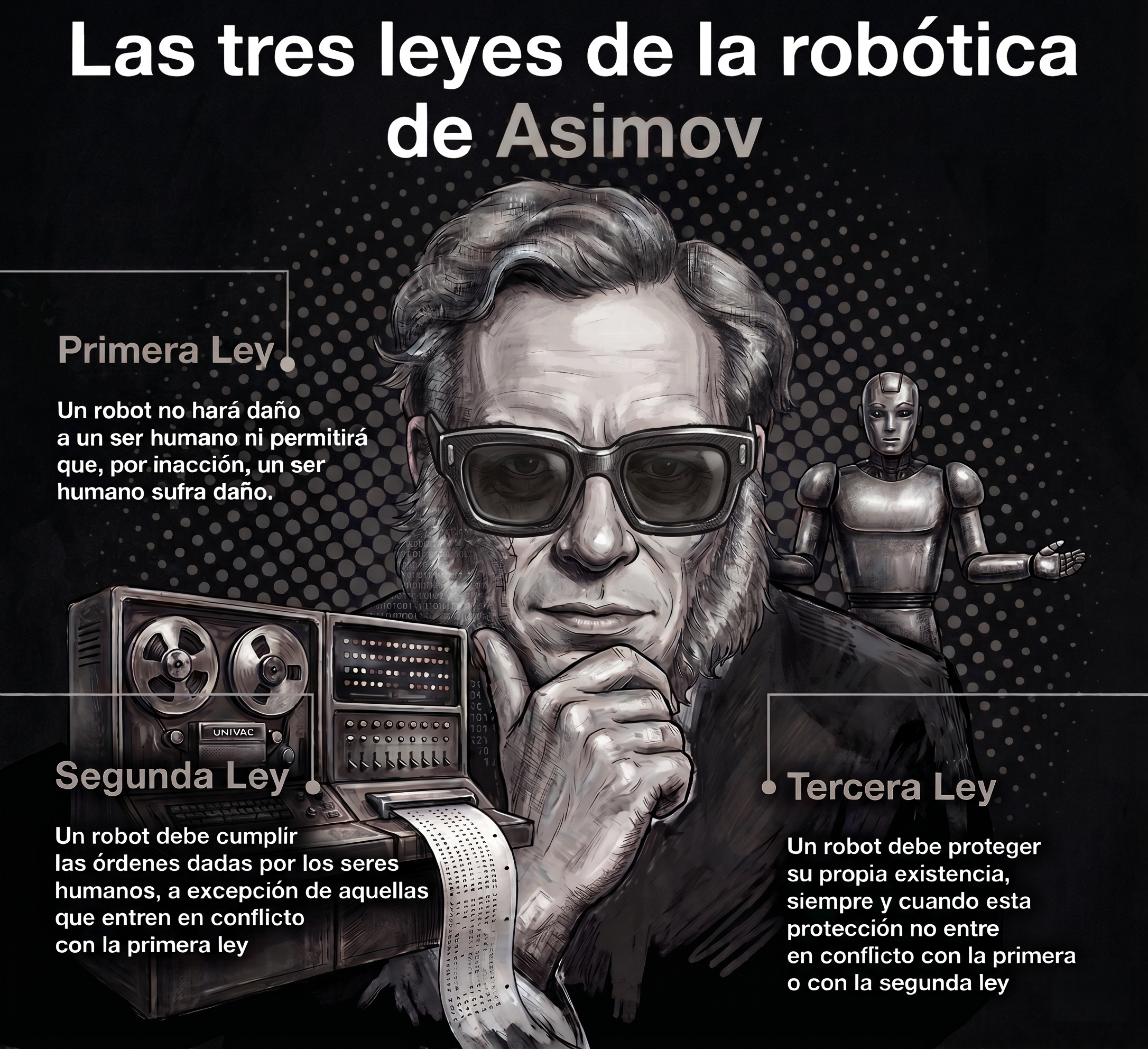 Ilustración de Isaac Asimov junto a un robot y una computadora UNIVAC, con las Tres Leyes de la Robótica.